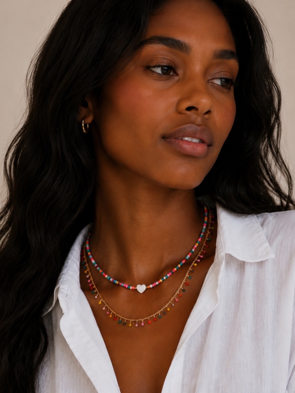 New! Preppy Colorful Mixed Beaded Heart Stack Necklace Set NWOT 1028